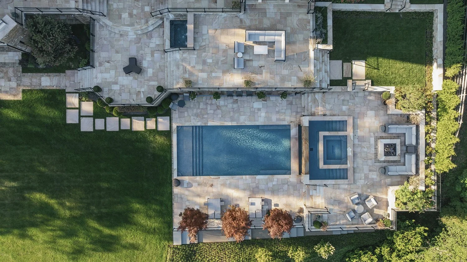 Aerial view of the pool, spa and stone terraces, Riverfront Estate, Navesink River