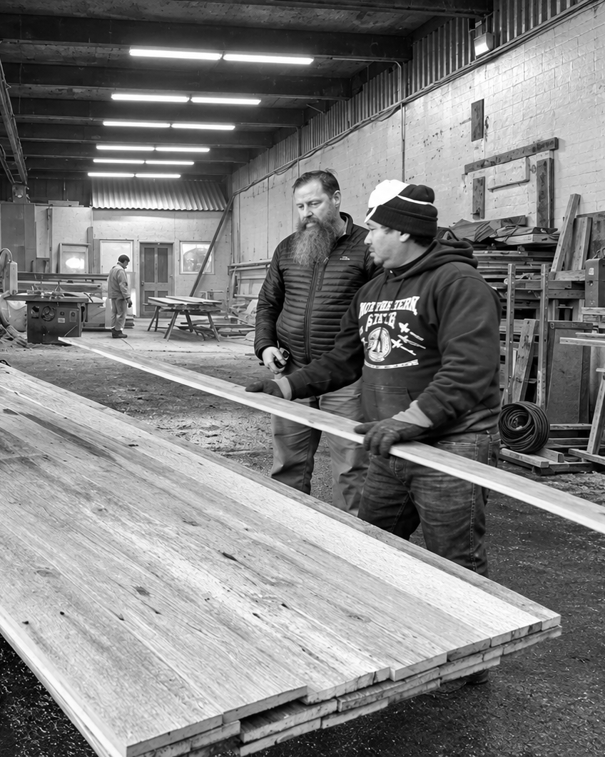 Team members reviewing plans in a workshop, David Eaton Associates