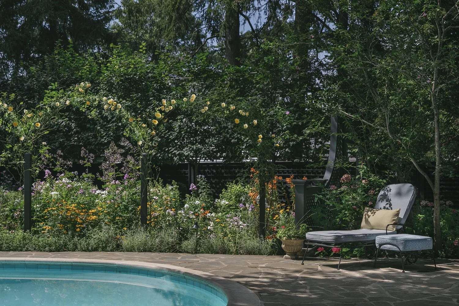 Lounge chair beside the pool beneath ironwork hoops and climbing roses, Historic Garden, Shrewsbury NJ