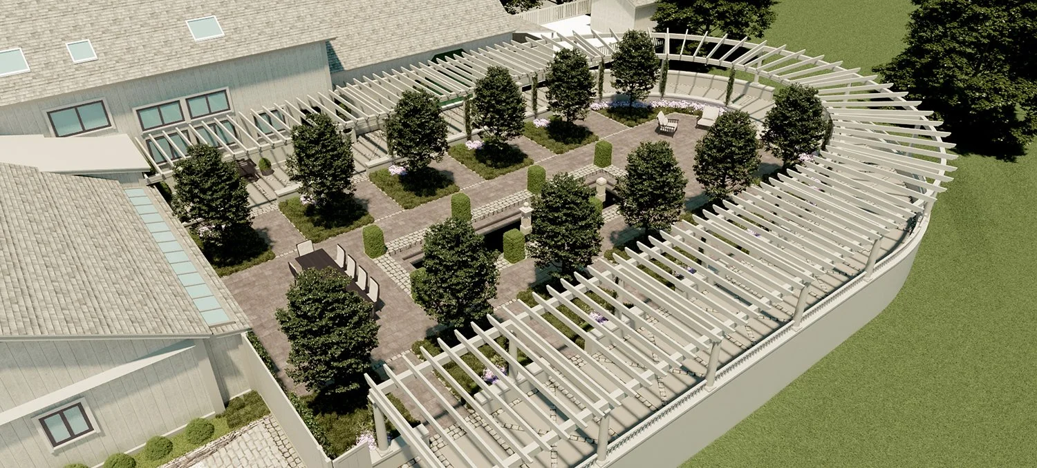 Aerial rendering of the courtyard with its reflecting pool and wraparound pergola, Hudson Highland Estate, Garrison NY