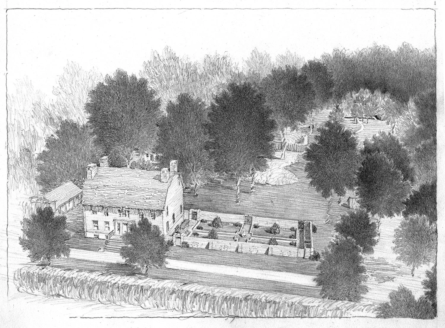 Pencil rendering of the house, walled garden and pool garden, Historic Home, Hudson NY