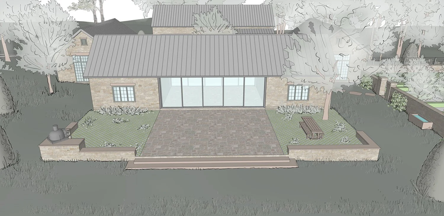 Rendering of a stone terrace beside a glazed farm building, Organic Farmstead, Rumson NJ