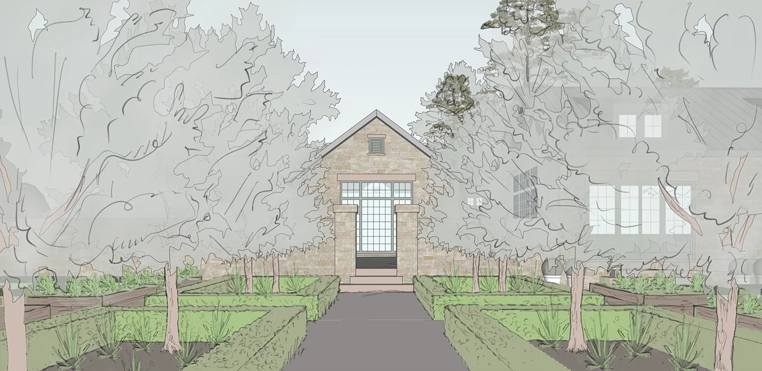 Rendering of the kitchen garden path leading to the barn, Organic Farmstead, Rumson NJ