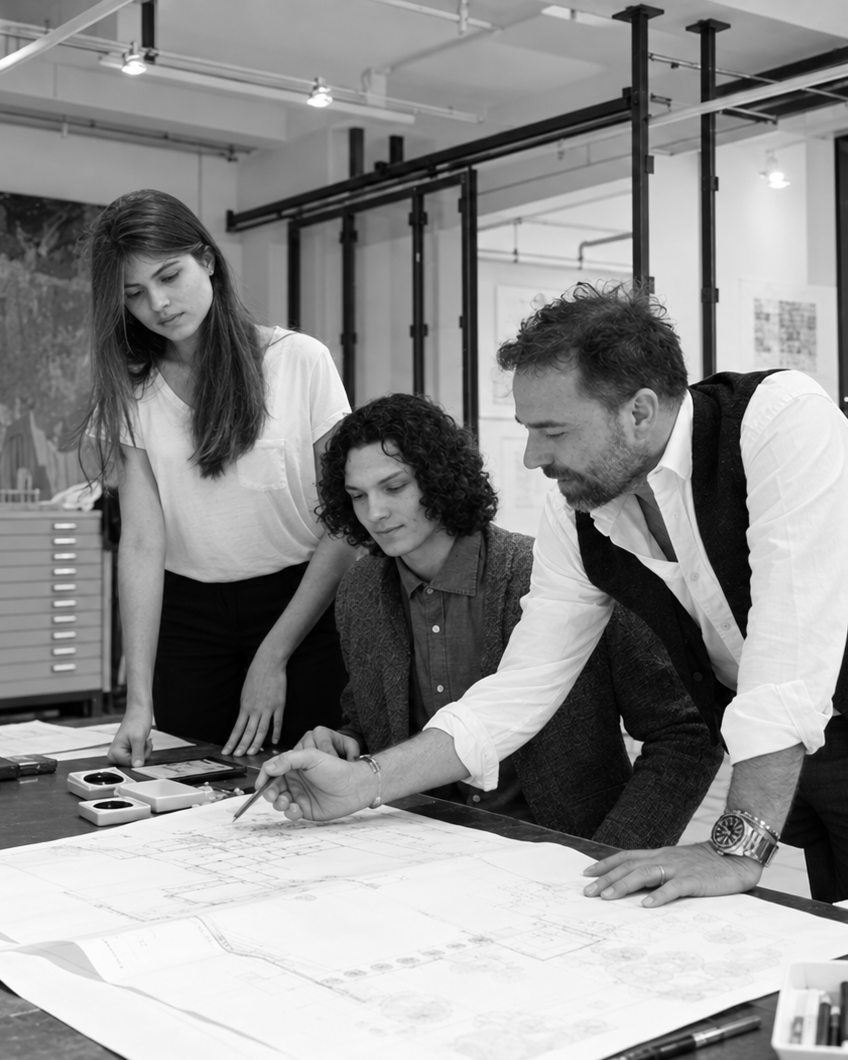 Two members of the team reviewing drawings, David Eaton Associates