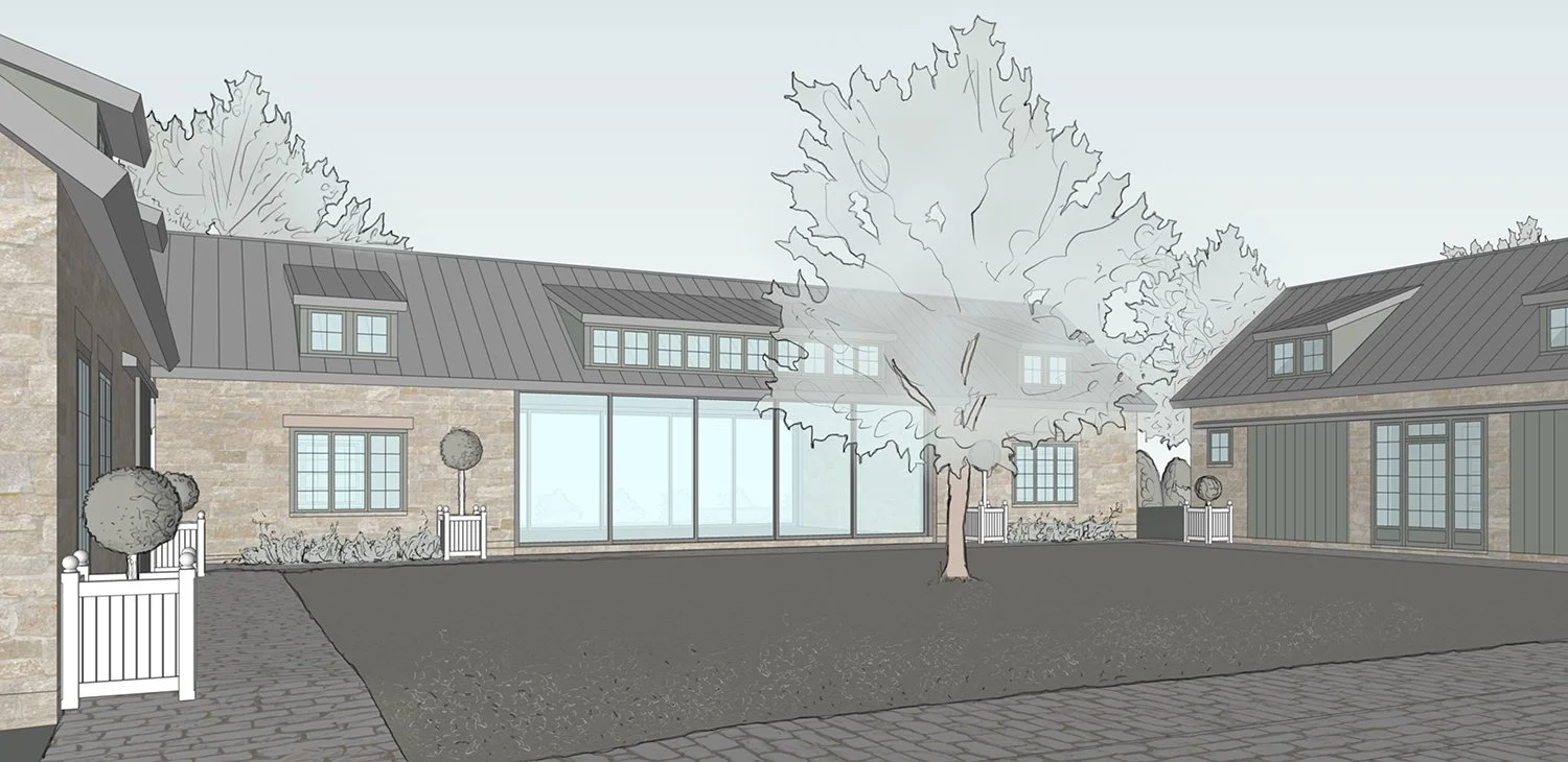 Rendering of the central courtyard and farm buildings, Organic Farmstead, Rumson NJ