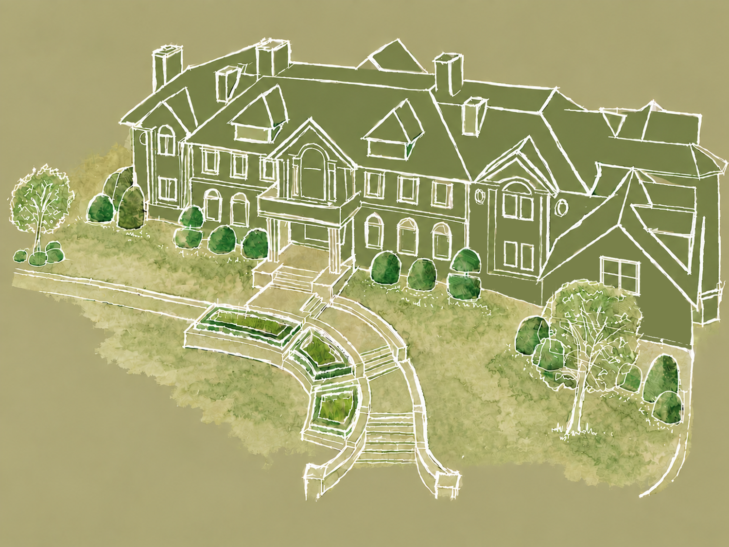 Sketch of the house and terraced landscape, Riverfront Estate, Navesink River