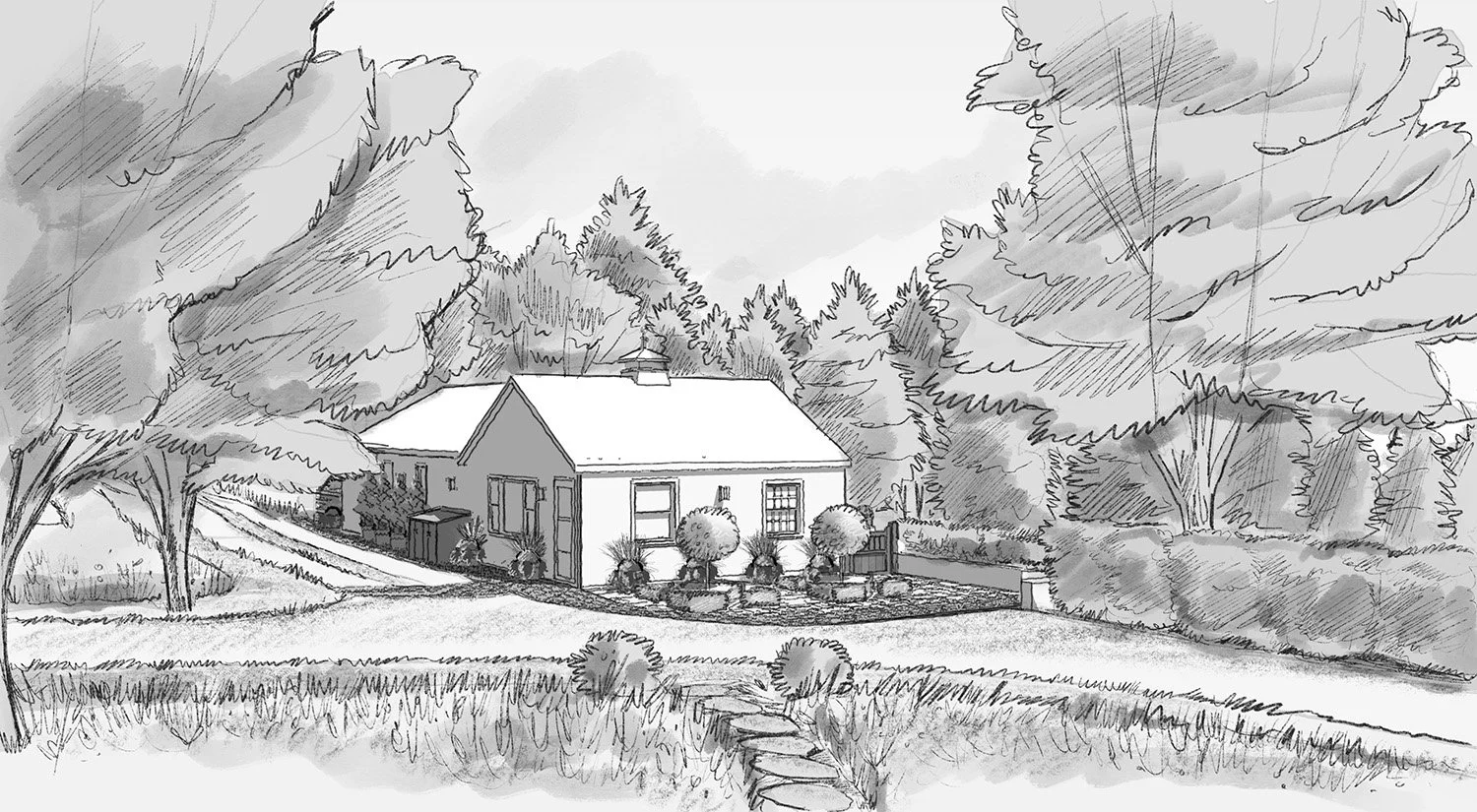 Sketch of the cottage garden with a stepping-stone path, Greenhill Country Estate, Tivoli