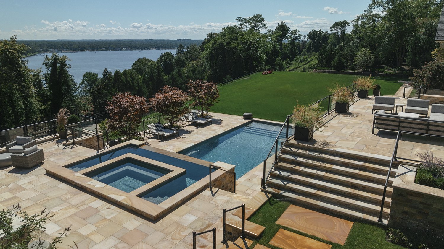 Terraced pool and raised spa overlooking the Navesink River, Riverfront Estate, Navesink River