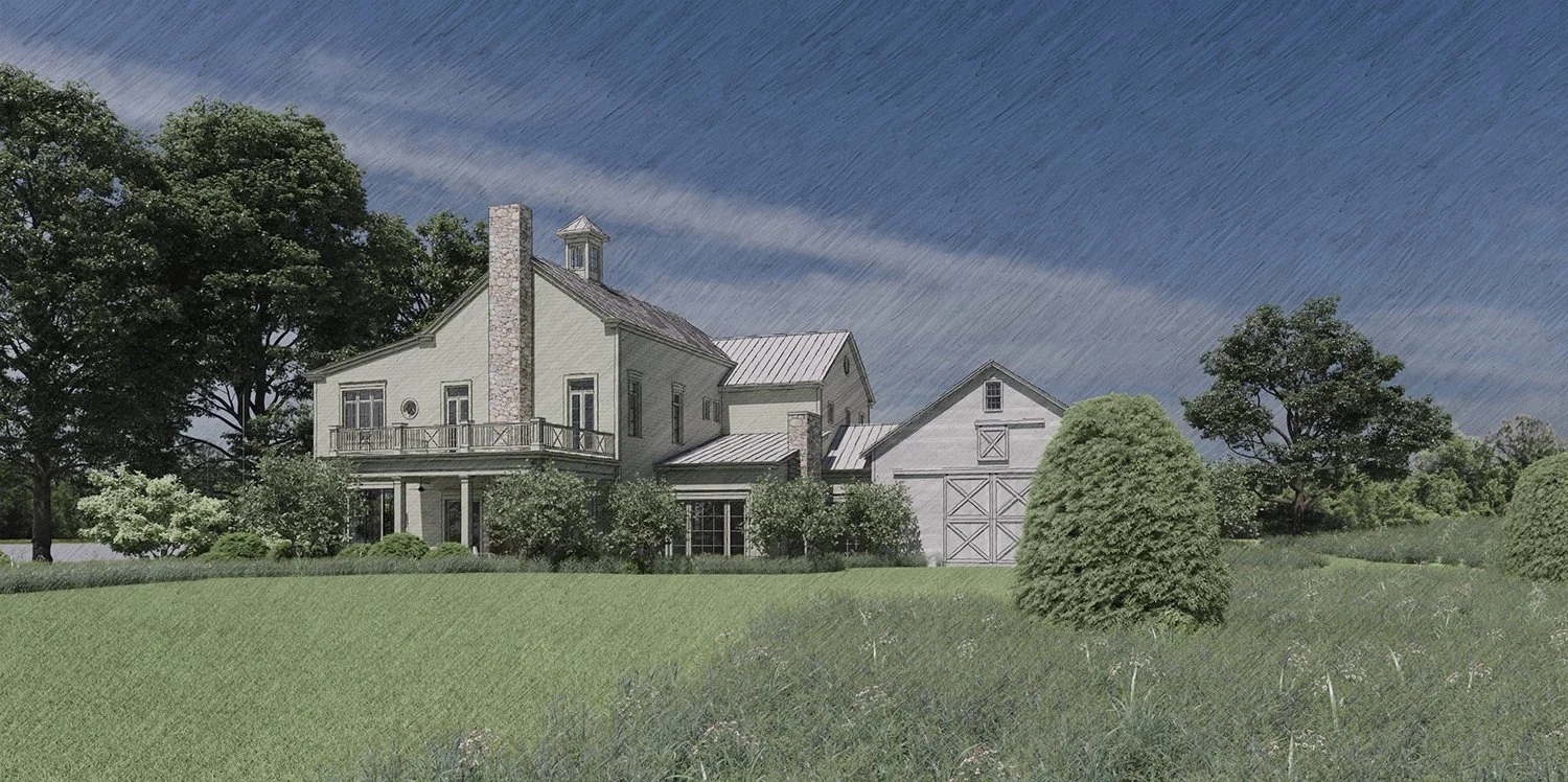 Rendering of the house and barn set within meadow planting, Hudson Valley Estate, Rhinebeck