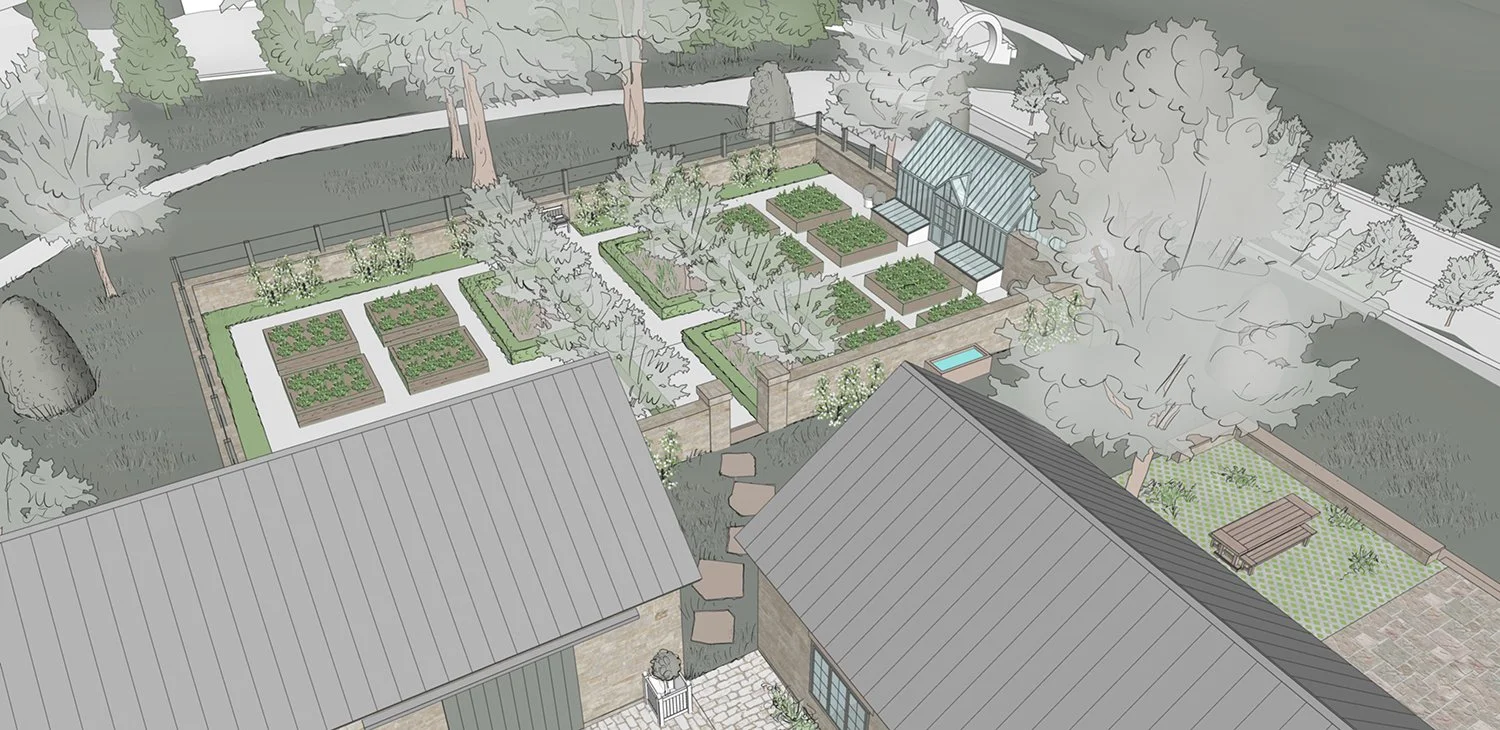 Aerial rendering of the kitchen garden beside the farm buildings, Organic Farmstead, Rumson NJ