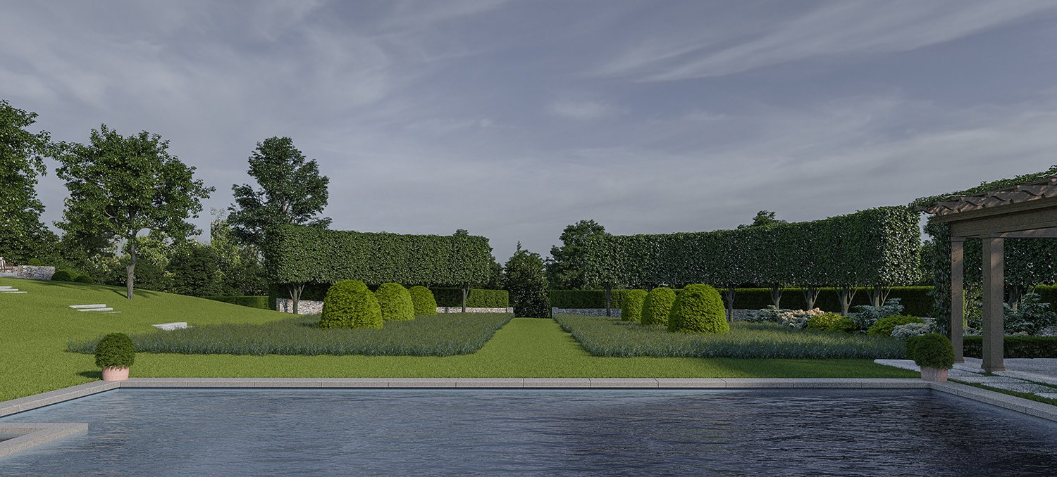 Rendering of the pool framed by pleached trees and clipped topiary, Country Home, Redding CT