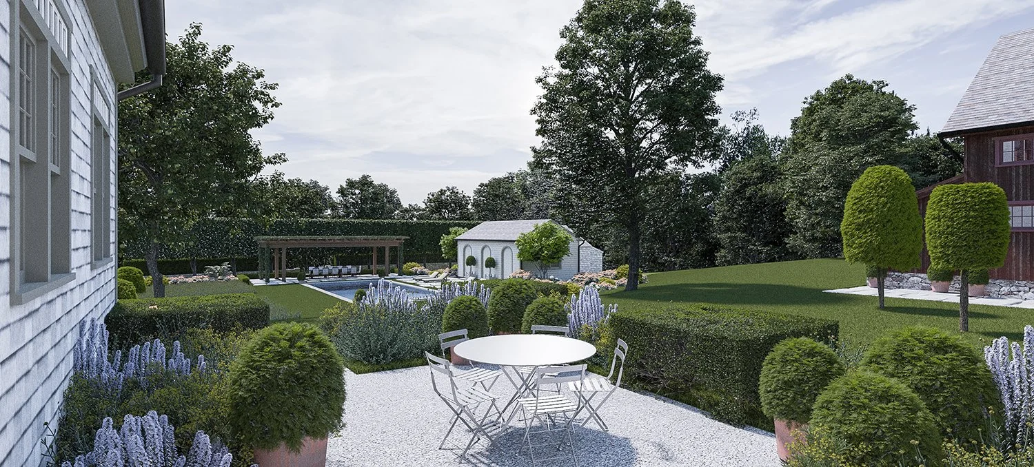 Rendering of the gravel herb garden with a dining table beside the house, Country Home, Redding CT