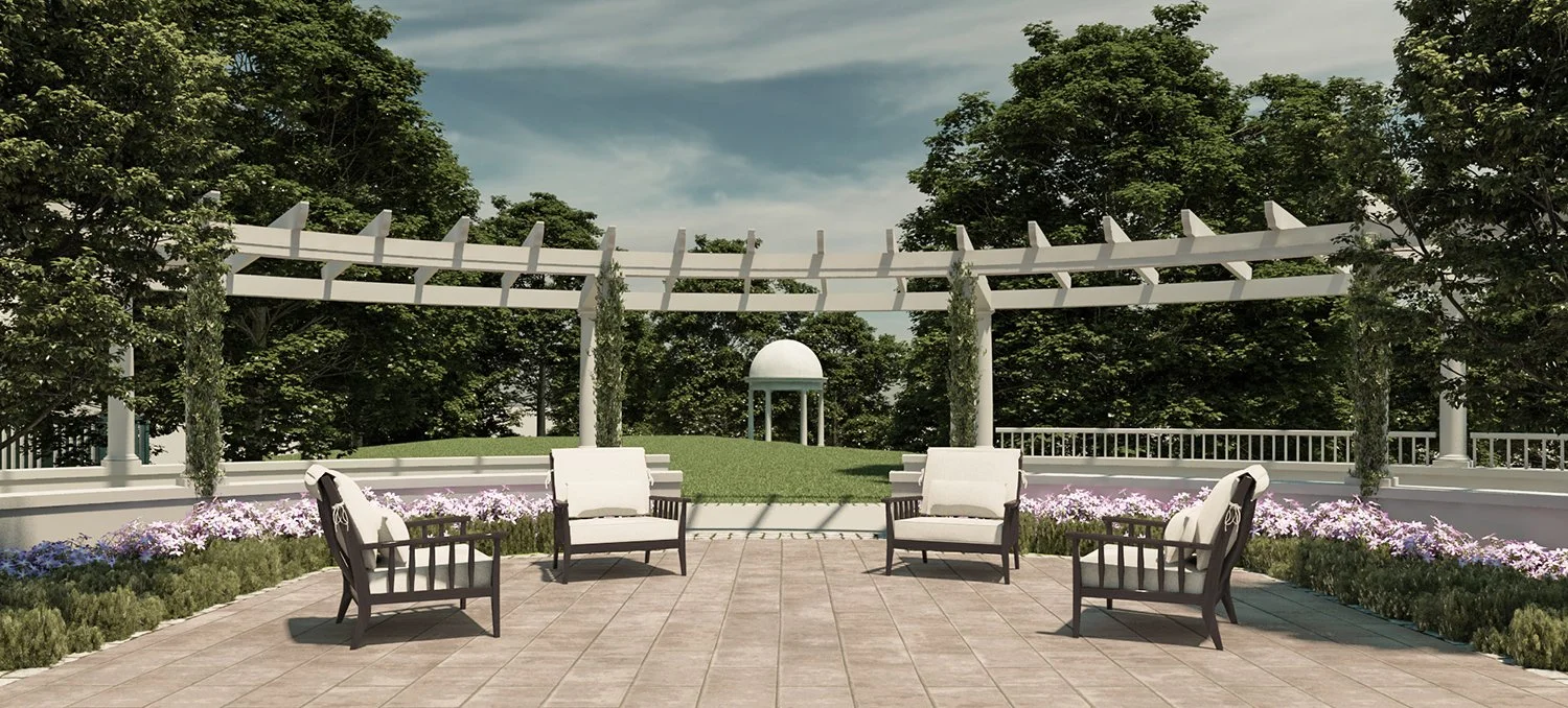 Rendering of lounge chairs beneath the pergola with a domed gazebo beyond, Hudson Highland Estate, Garrison NY