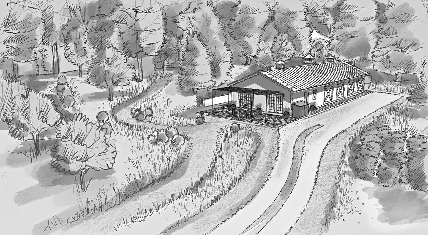 Sketch of the garden pavilion and winding drive through the woodland, Greenhill Country Estate, Tivoli