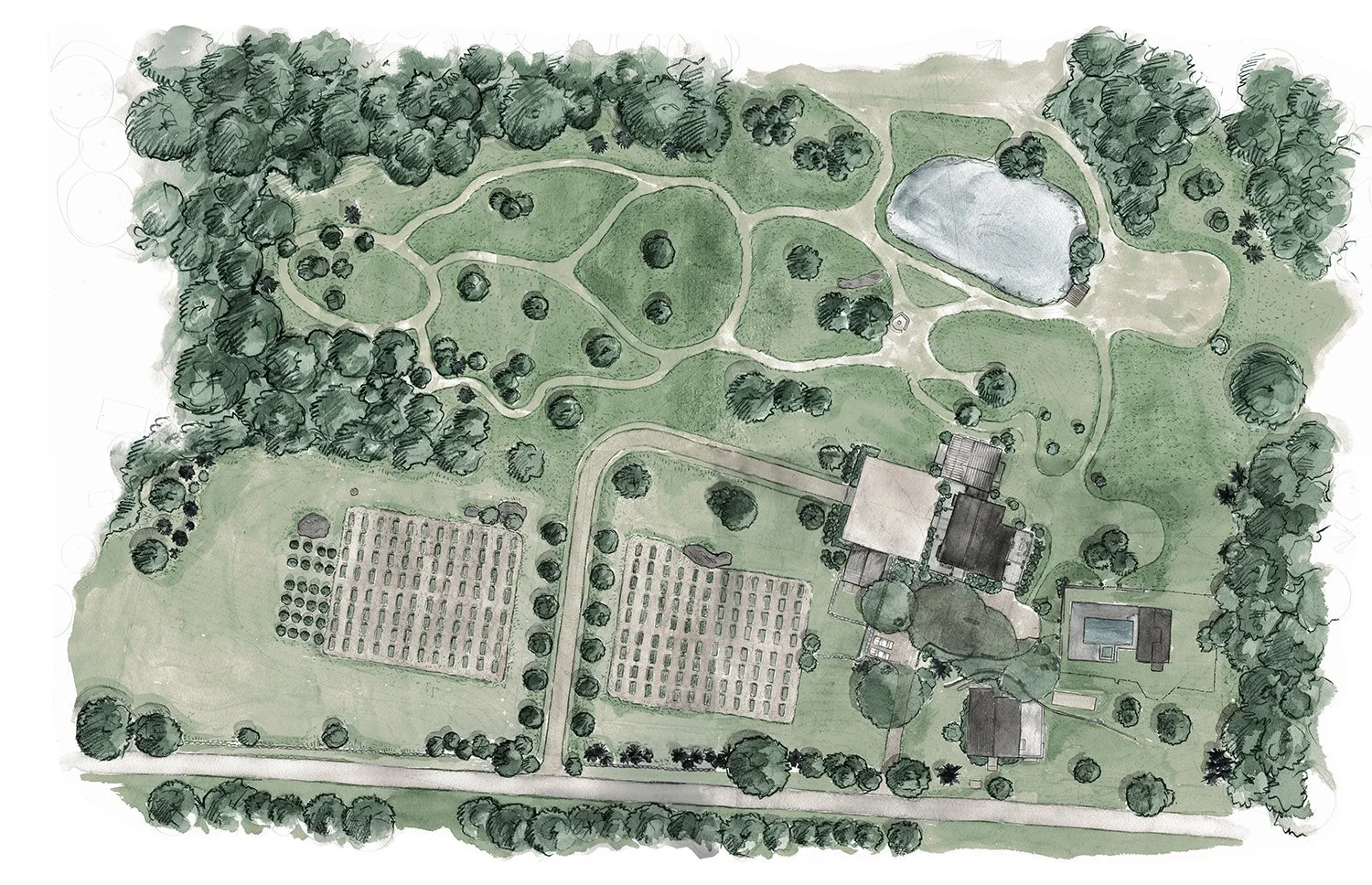 Watercolour masterplan of the estate gardens, meadows and pond, Hudson Valley Estate, Rhinebeck