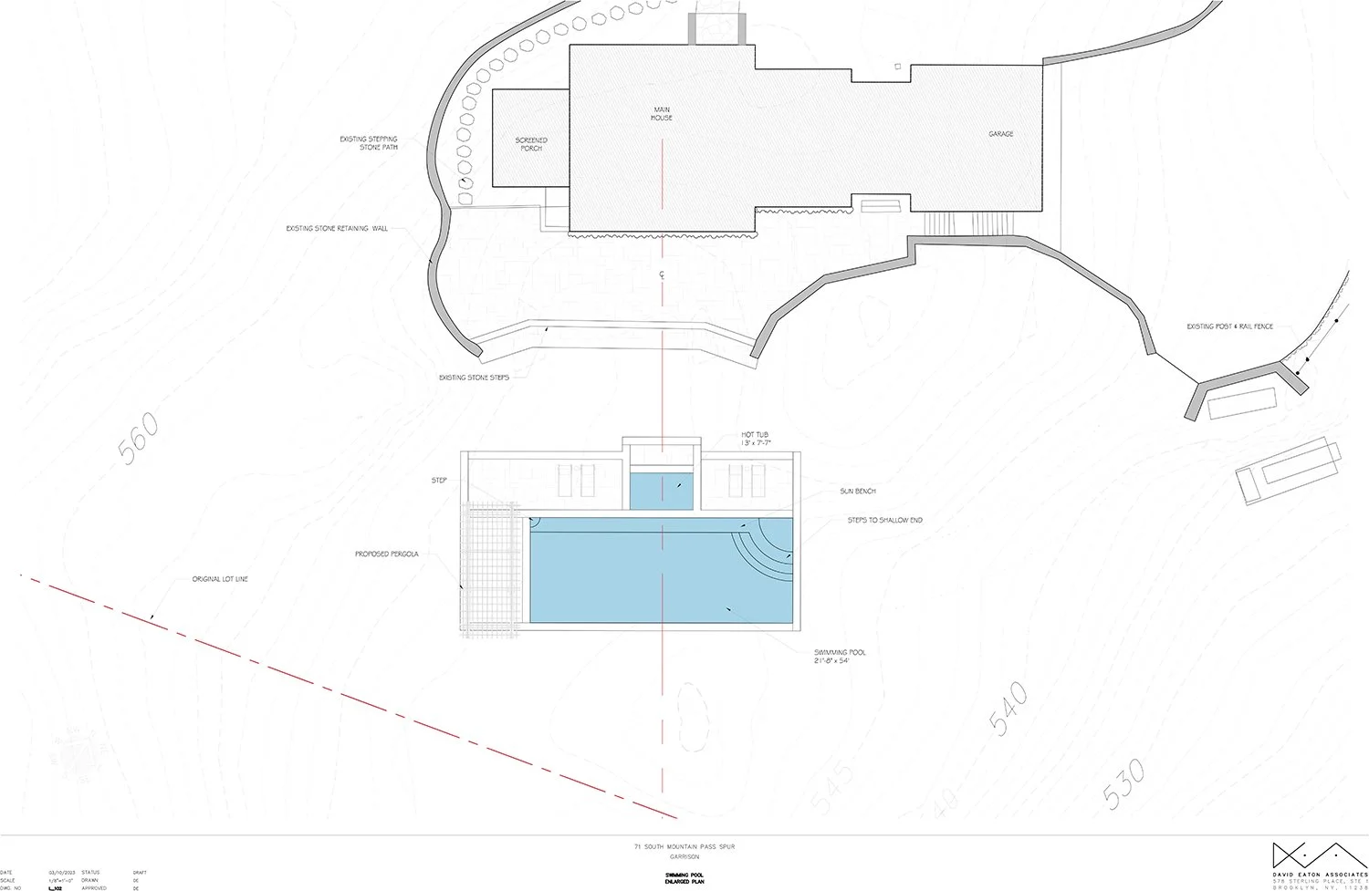 Site plan of the house, stone terraces and swimming pool, Country Estate, Garrison NY