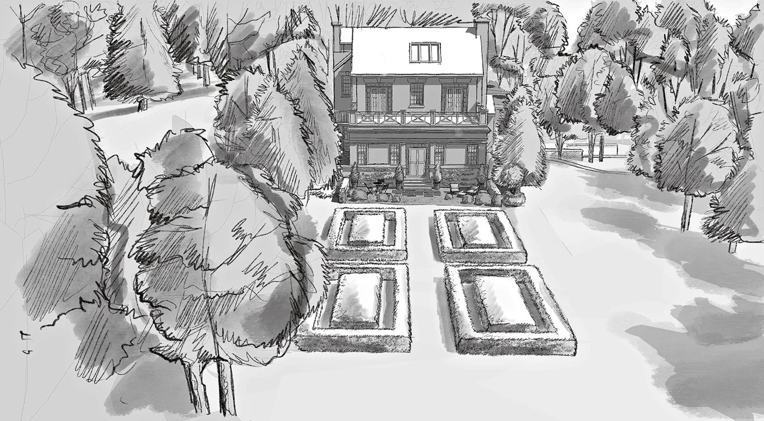 Sketch of the house above a series of formal garden rooms, Greenhill Country Estate, Tivoli