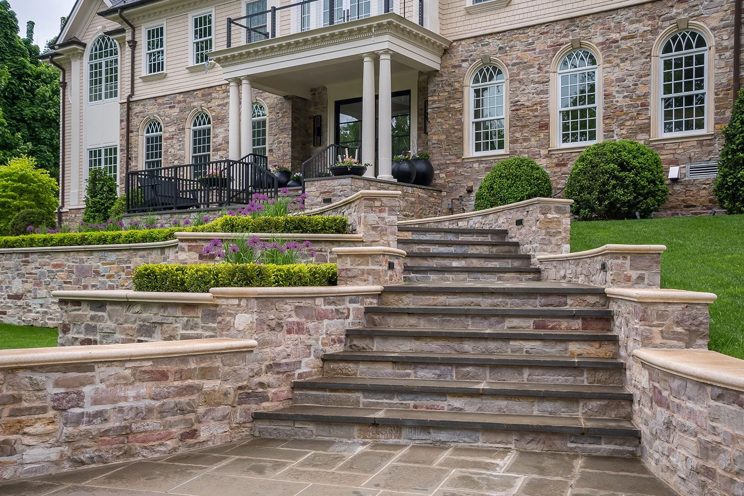 Broad stone stairway rising to the house between clipped hedges, Riverfront Estate, Navesink River