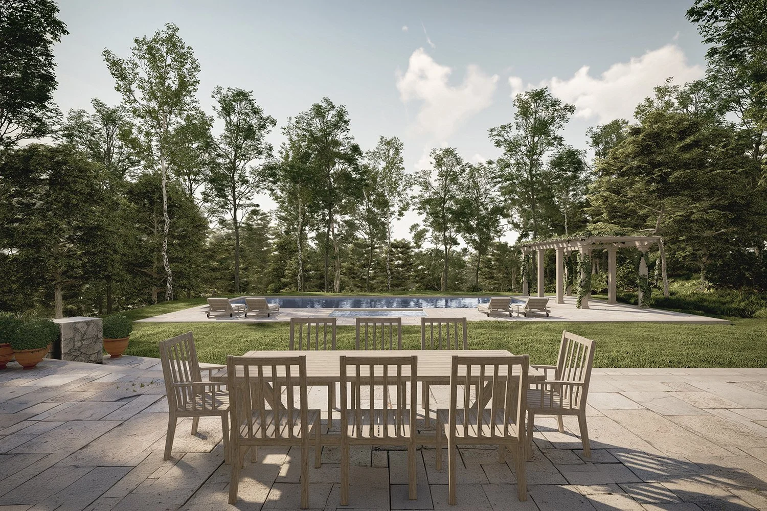 Rendering of a dining table on the stone pool terrace, Country Estate, Garrison NY