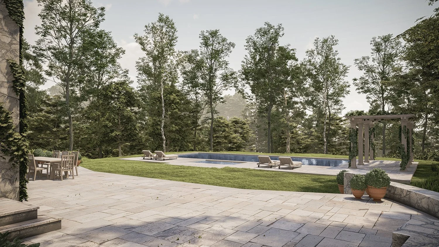 Rendering of the pool terrace, lawn and pergola among mature woodland, Country Estate, Garrison NY