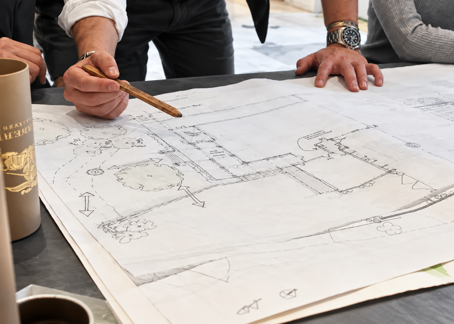 Hand-drawn garden plan in progress, David Eaton Associates