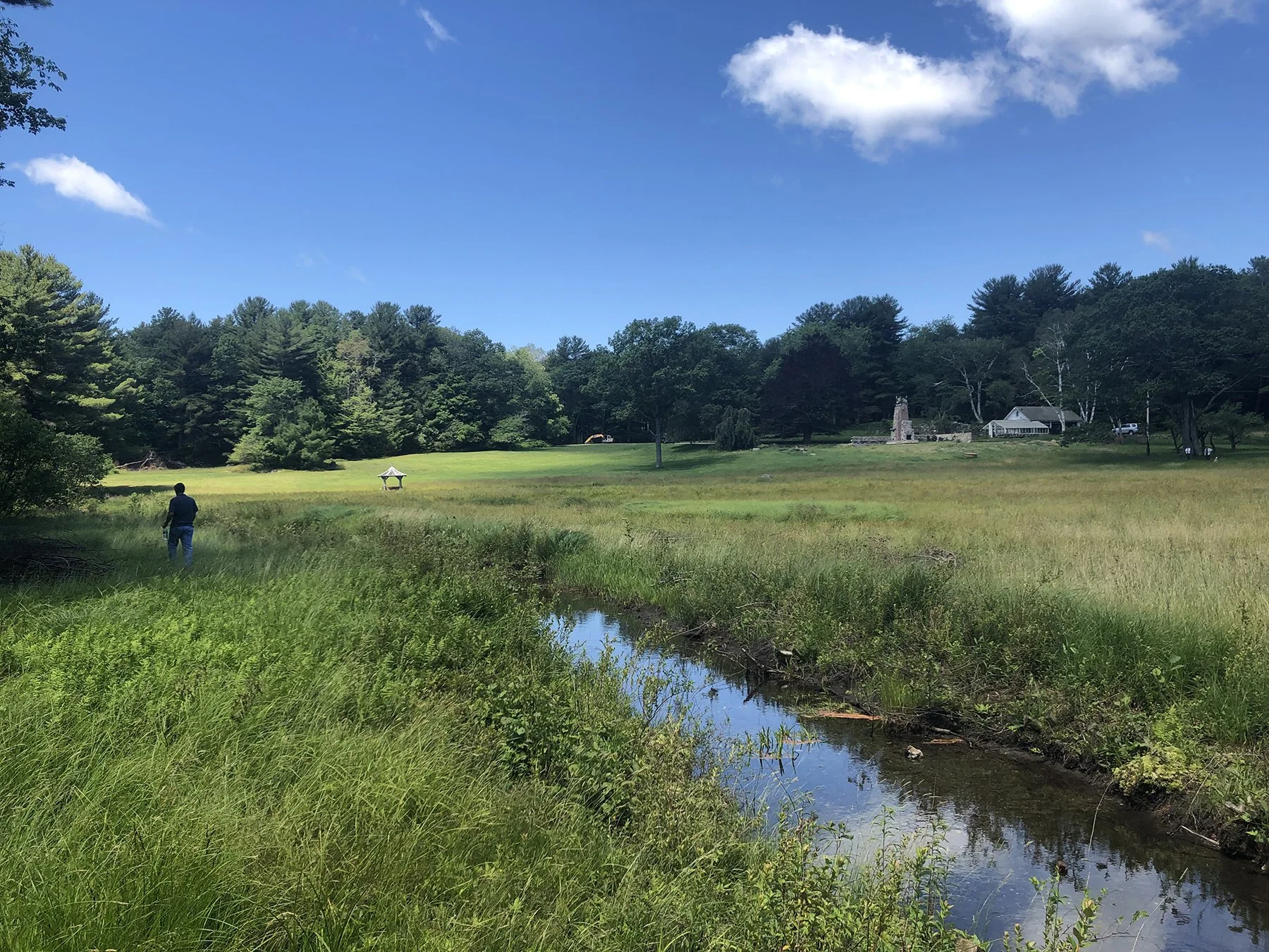 Natural stream winding through open meadow toward the woodland, Mountain Retreat, Mt Washington MA
