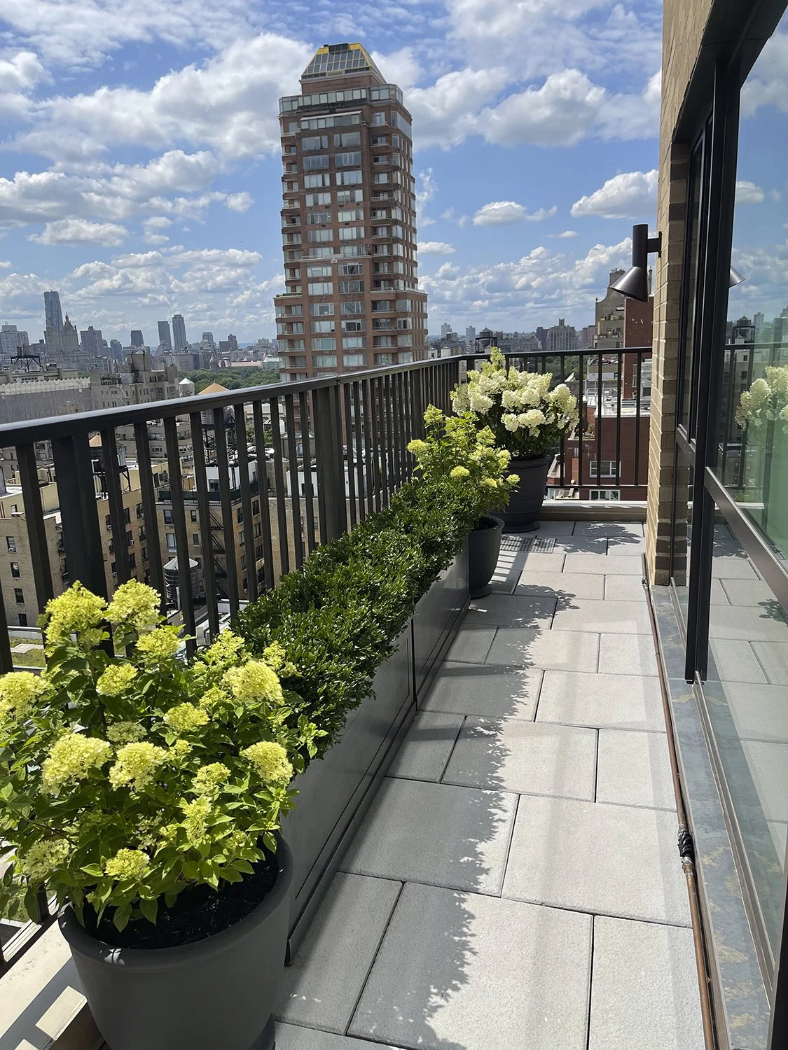 Terrace walkway with white hydrangeas and a view to a historic Manhattan tower, Park Avenue Penthouse