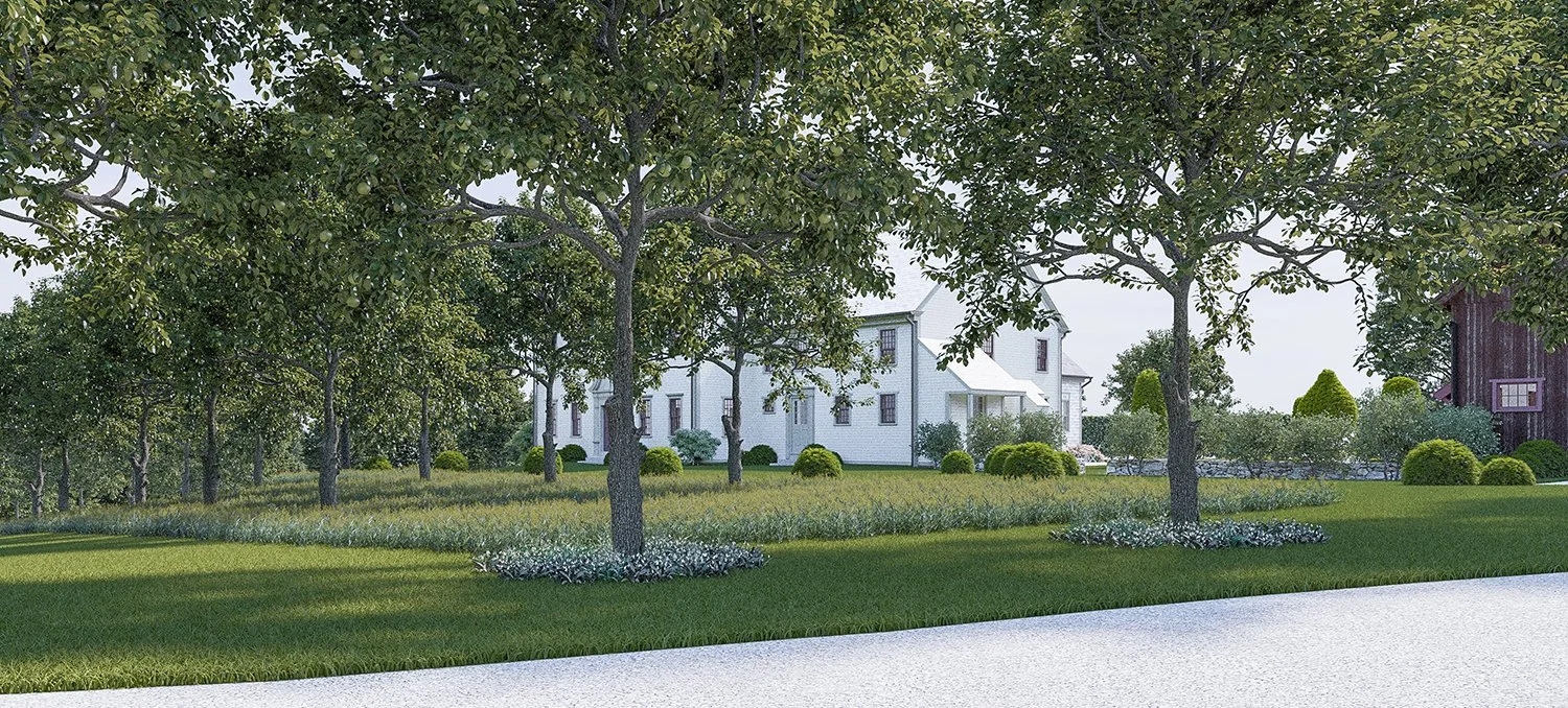 Rendering of the main house set back behind mature trees and lawn, Country Home, Redding CT
