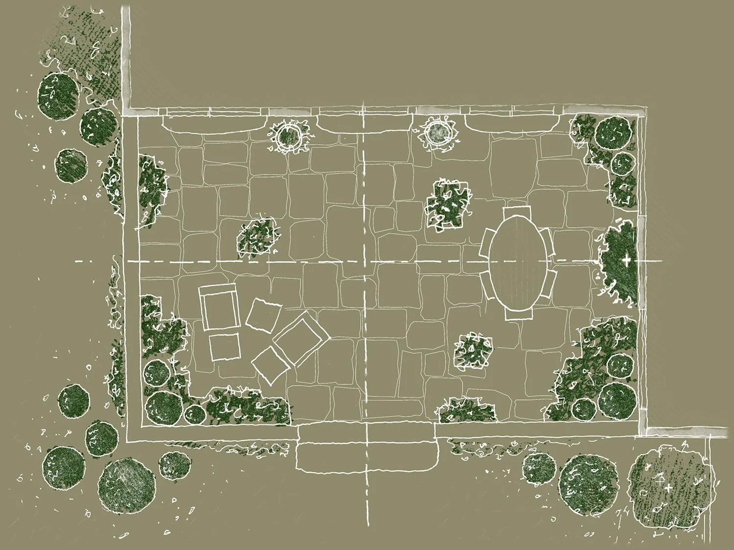 Planting plan for the stone terrace adjoining the barn room, Country Home, Redding CT
