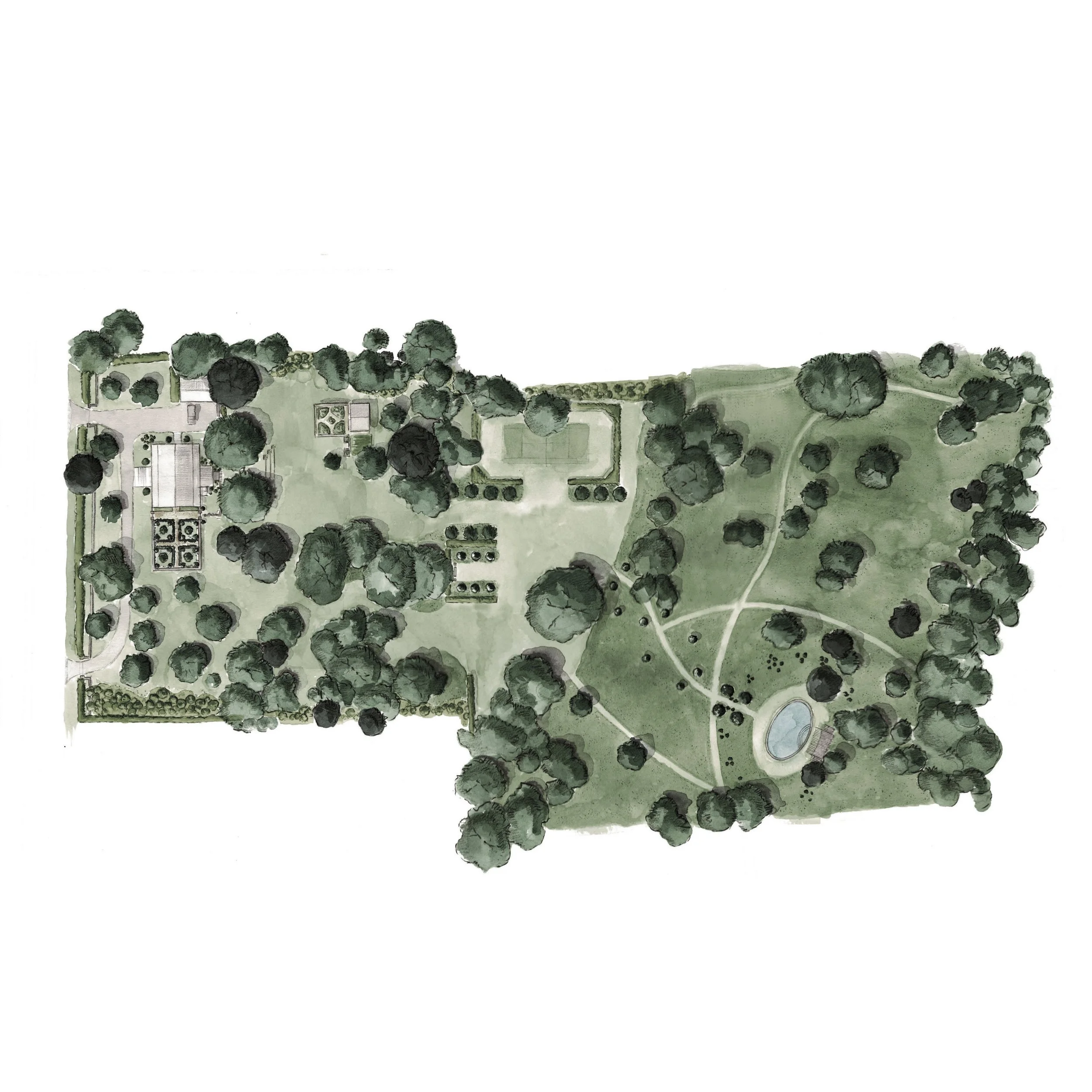 Garden design plan showing trees, lawns and garden spaces, Garden Design, David Eaton Associates