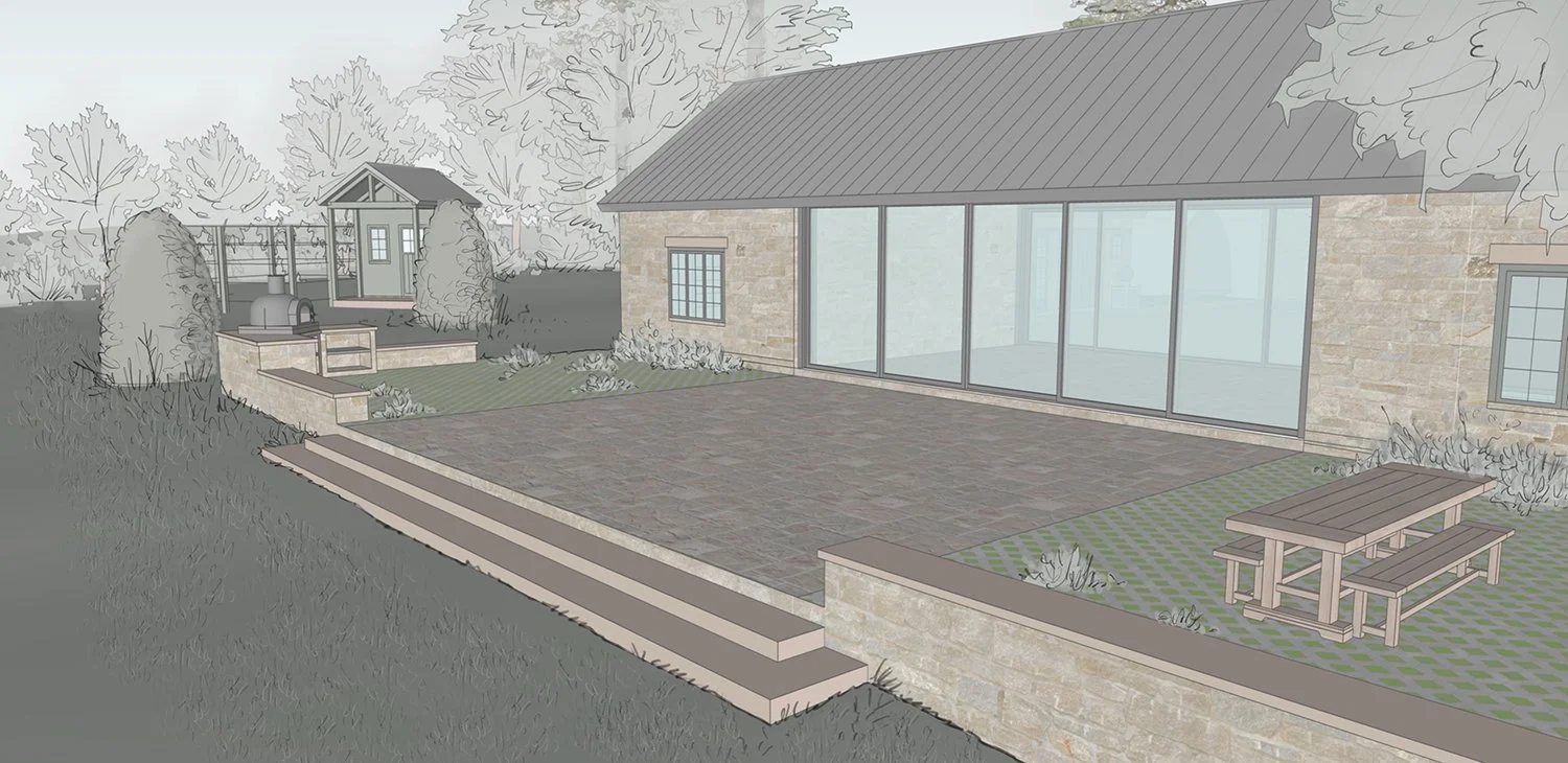Rendering of terrace steps and a picnic table beside the glazed building, Organic Farmstead, Rumson NJ