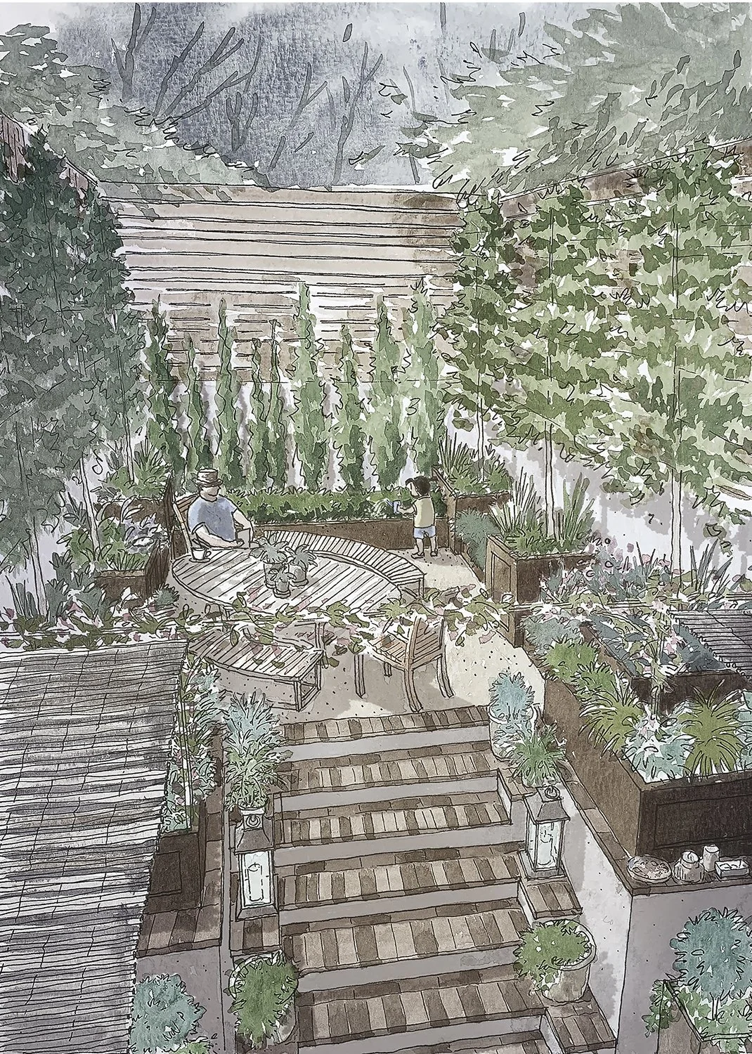 Hand-drawn sketch of a stepped garden beneath a pergola, David Eaton Associates