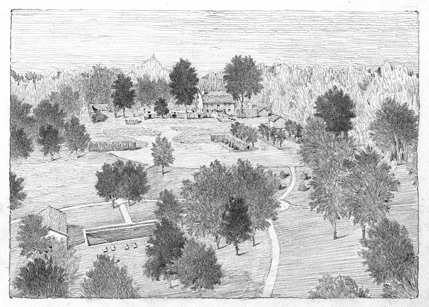 Pencil aerial view of the estate grounds and meadows, Historic Home, Hudson NY