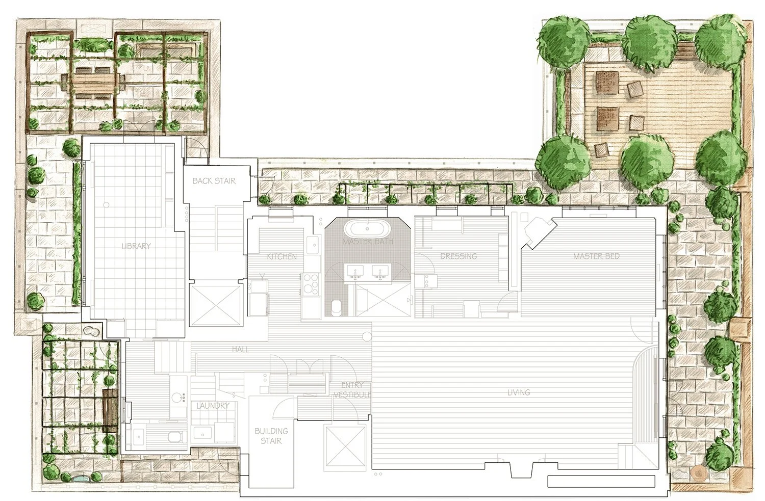 Site plan of the penthouse terraces wrapping three sides of the building, Upper East Side Penthouse