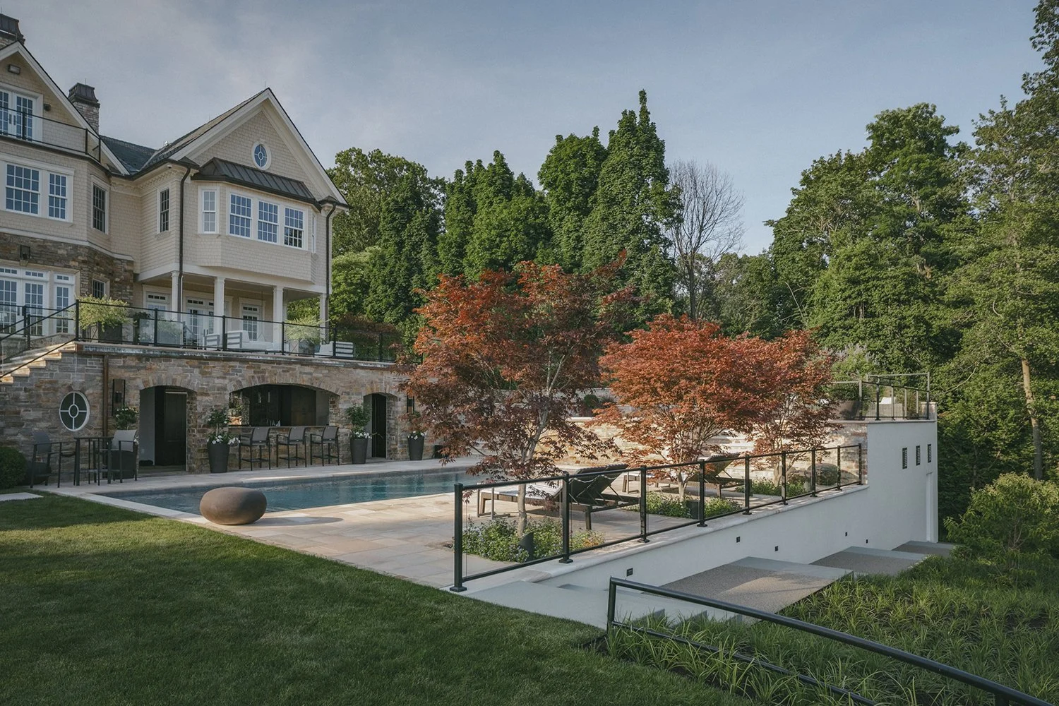 Japanese maples and lawn terraces above the pool, Riverfront Estate, Navesink River