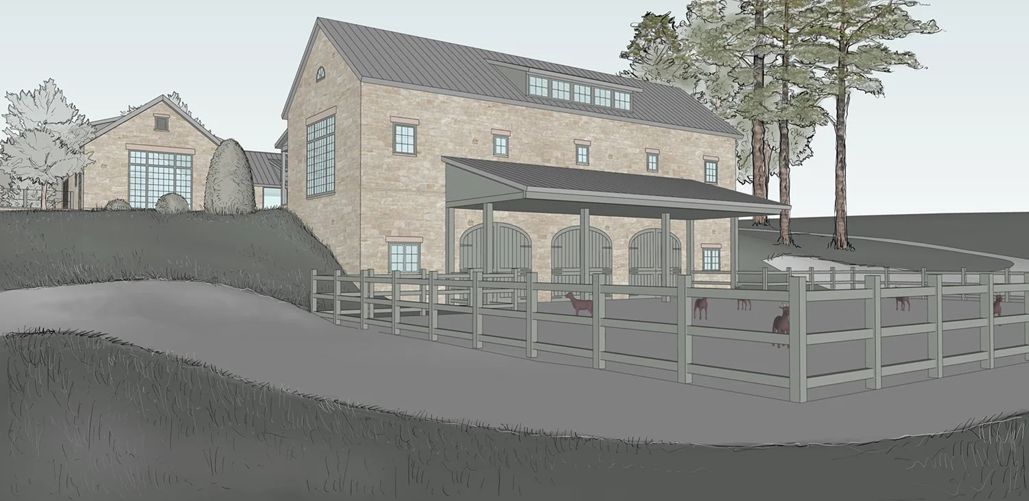 Rendering of the animal bank barn and paddock fencing, Organic Farmstead, Rumson NJ