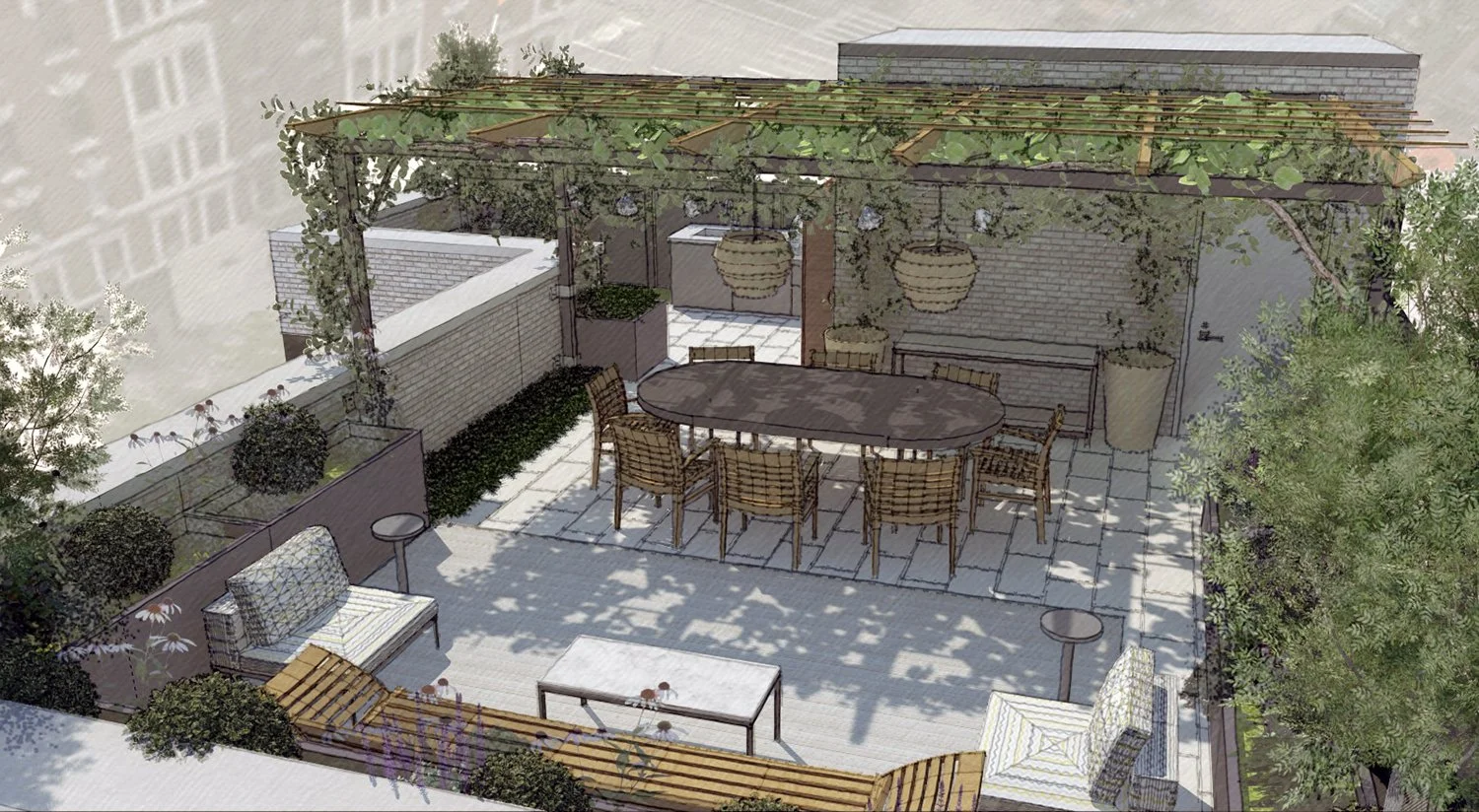 Rendering of the dining terrace and lounge area beneath the pergola, Lower East Side Penthouse