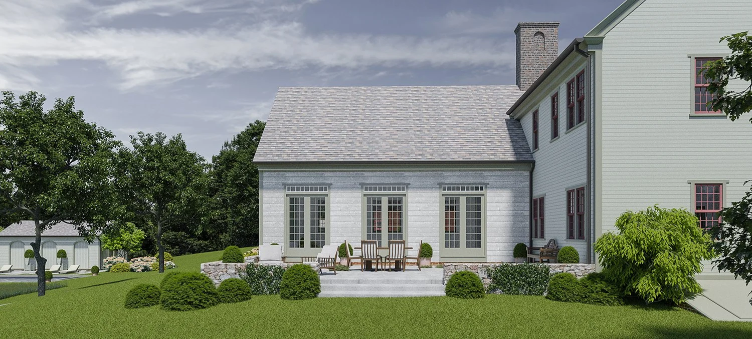 Rendering of the stone terrace below the house, Country Home, Redding CT