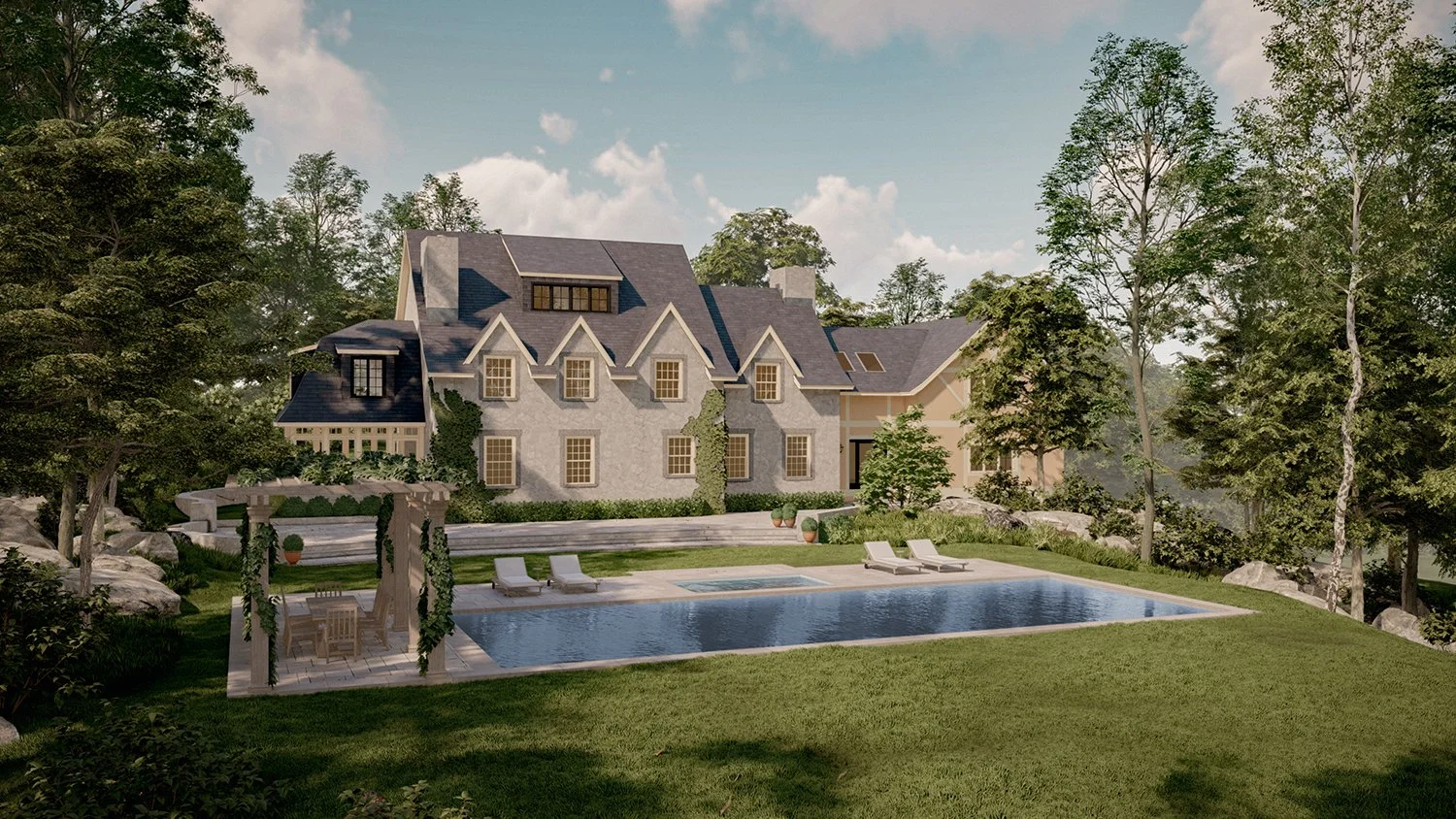 Rendering of a stone house above a new pool and timber pergola, On the Drawing Board, David Eaton Associates
