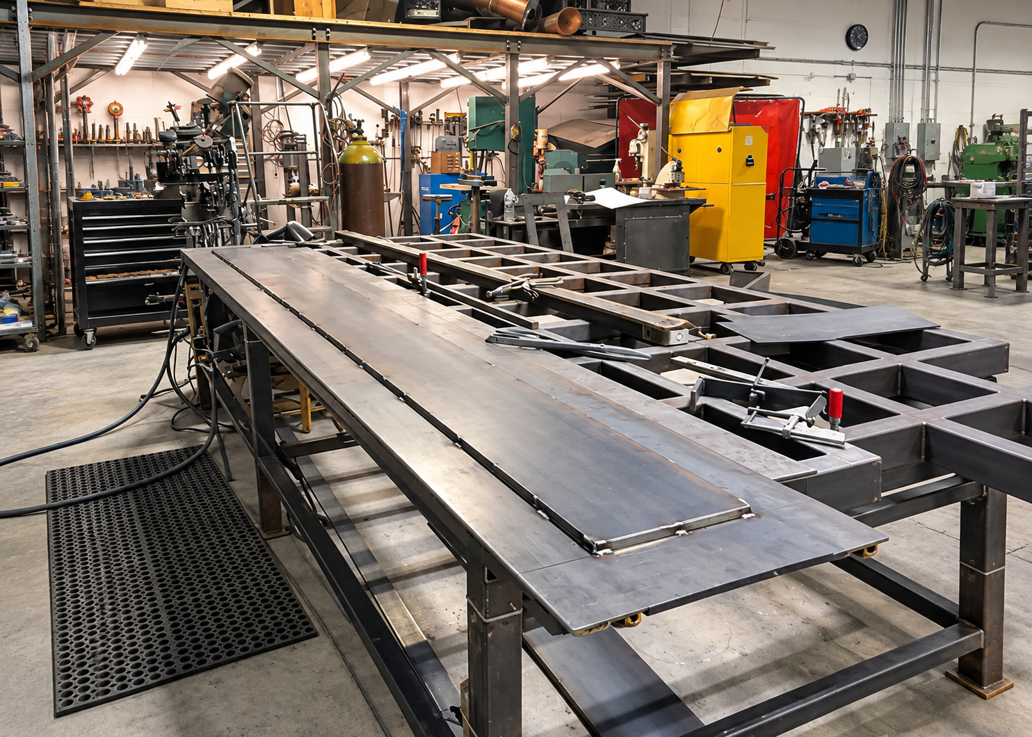 Metal fabrication workshop with a large steel frame under construction, David Eaton Associates