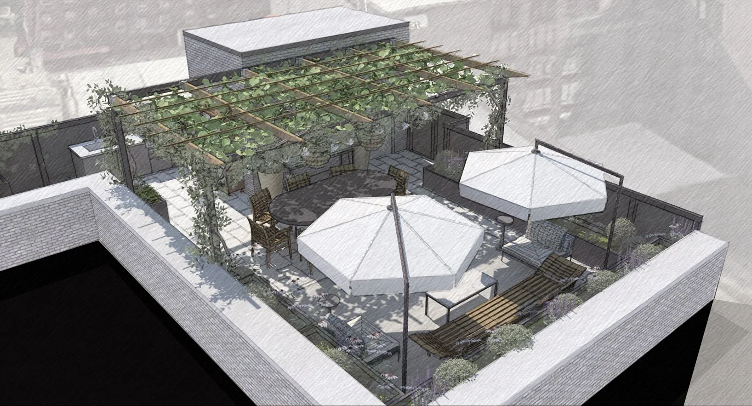Aerial rendering of the rooftop terraces and planted pergola, Lower East Side Penthouse