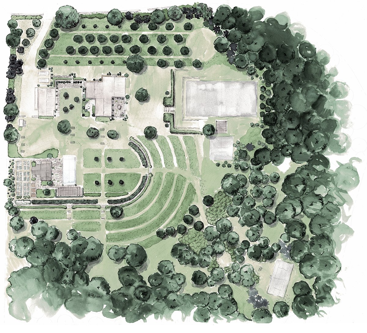 Watercolour masterplan of the house, barn, pool garden and orchard, Country Home, Redding CT