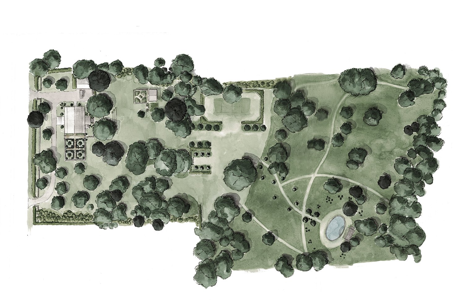 Watercolour masterplan of the estate, gardens and pool, Historic Home, Hudson NY