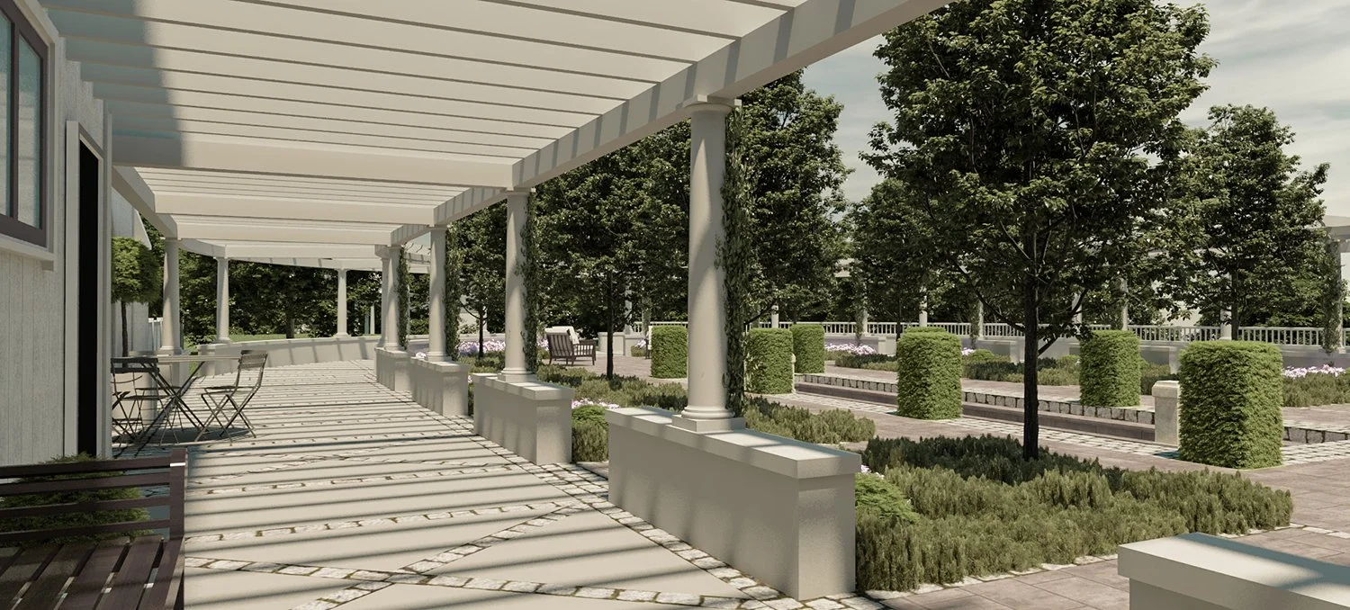 Rendering of the covered pergola walk alongside the house, Hudson Highland Estate, Garrison NY
