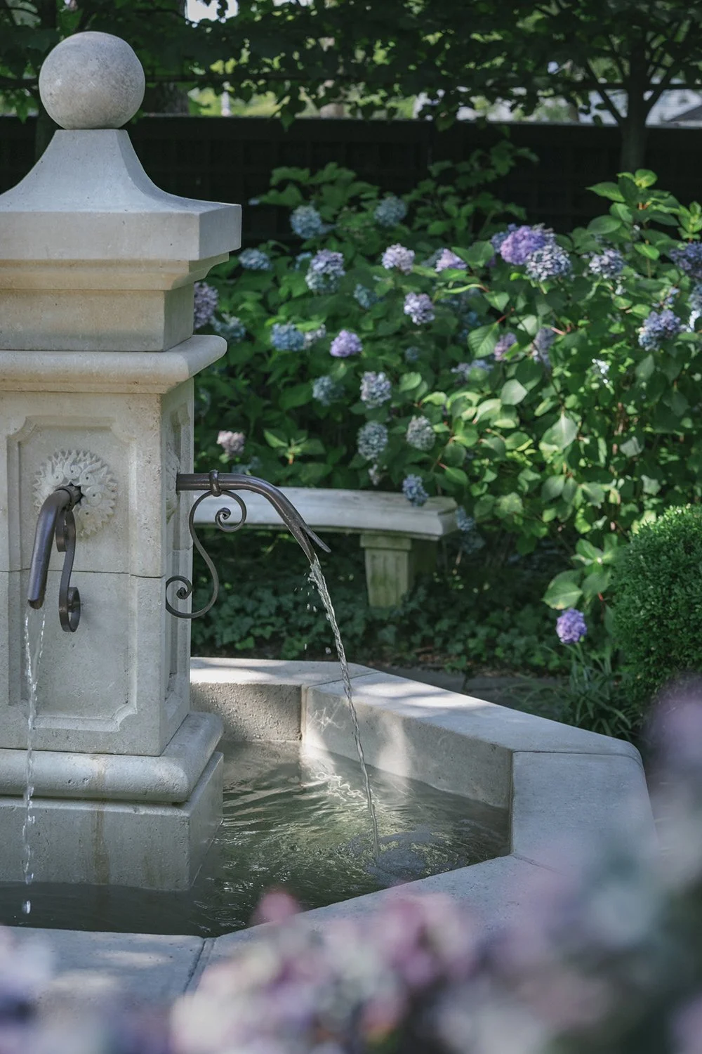 Detail of the stone fountain among hydrangeas, Historic Garden, Shrewsbury NJ