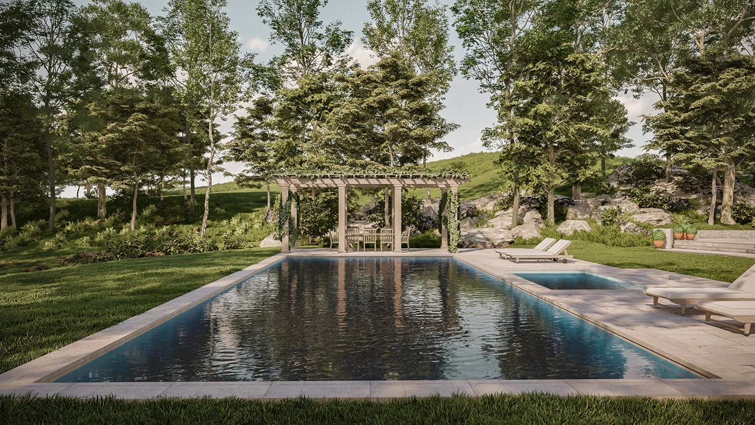 Rendering of the swimming pool with the timber pergola beyond, Country Estate, Garrison NY