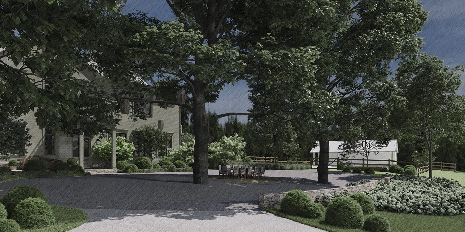 Rendering of a country house and garden beneath mature trees, David Eaton Associates