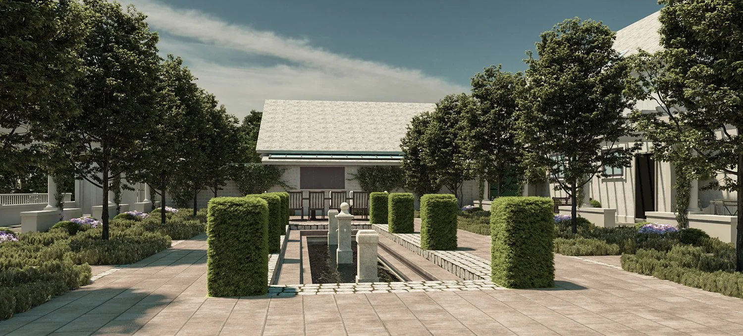Rendering of the elongated reflecting pool framed by clipped hedge columns, Hudson Highland Estate, Garrison NY