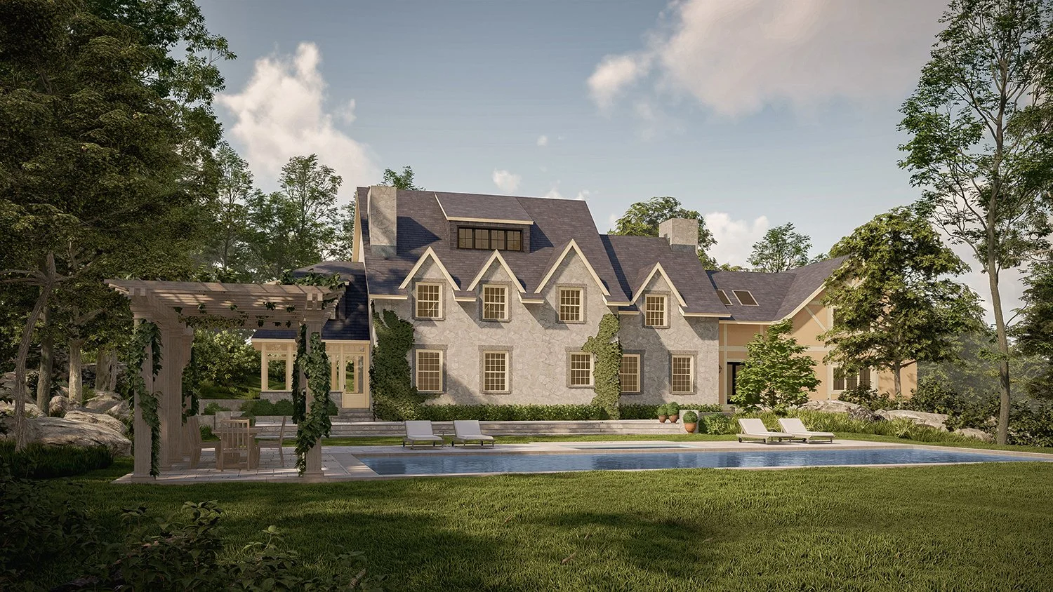Rendering of the house and stone terraces seen from the lawn, Country Estate, Garrison NY