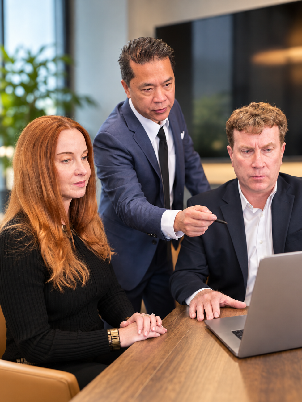Three professionals in business attire working together around a laptop, with one man standing and pointing at the screen.
